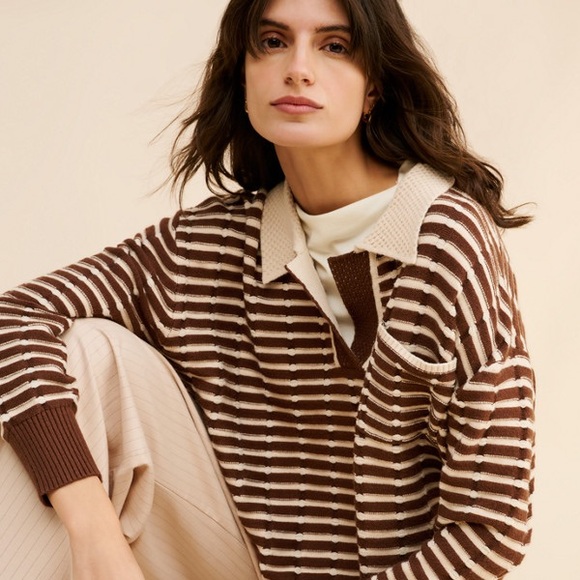 Anthropologie Sweaters - Anthropologie Better Garment Brown Cream Collared Sweater Size Small